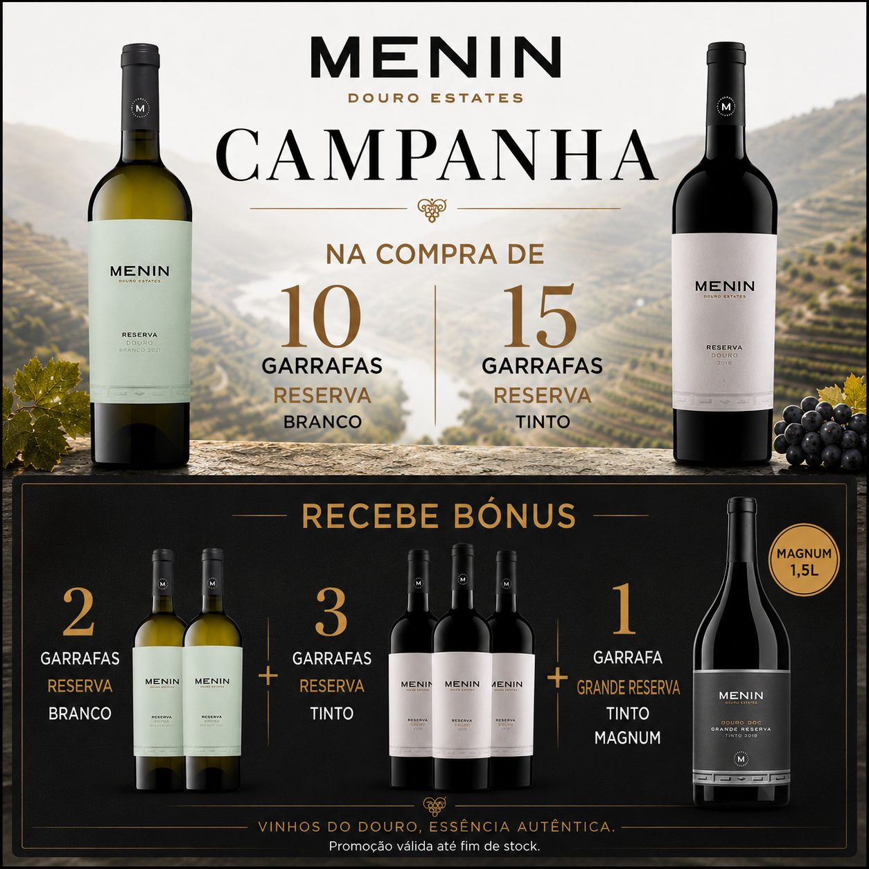 Pack Menin Reserva 25 Garrafas | 10 Branco + 15 Tinto + 6 Bónus (2 Branco, 3 Tinto, 1 Magnum)